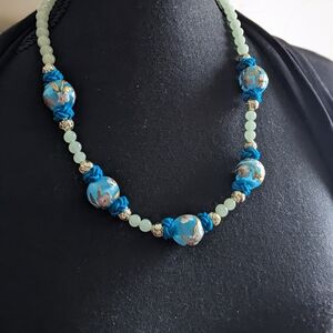 Vintage Pretty Jadeite And Silk Beads, Blue Green And Gold Tone
